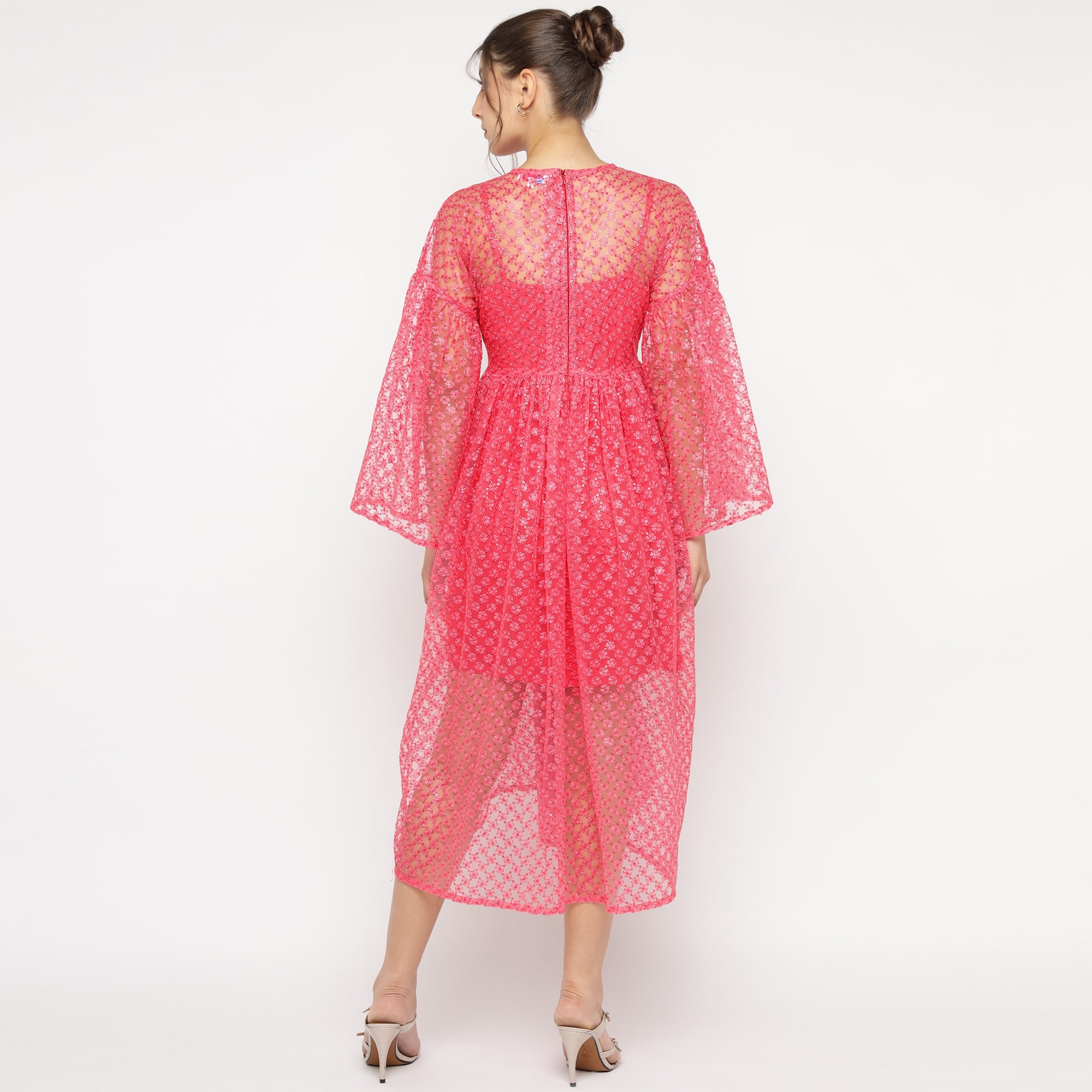 Flared Sheer Midi Dress in Hot Pink